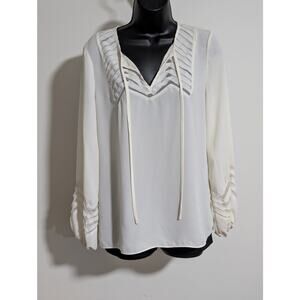 Esley Off-White Balloon Sleeve Long Sleeve Top Flowy Blouse Tie Neck Medium